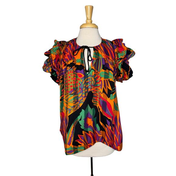 HOUSE OF HARLOW 1960 Meadow Pink Print Blouse Size XL Womens Bright Orange Green - Picture 1 of 9